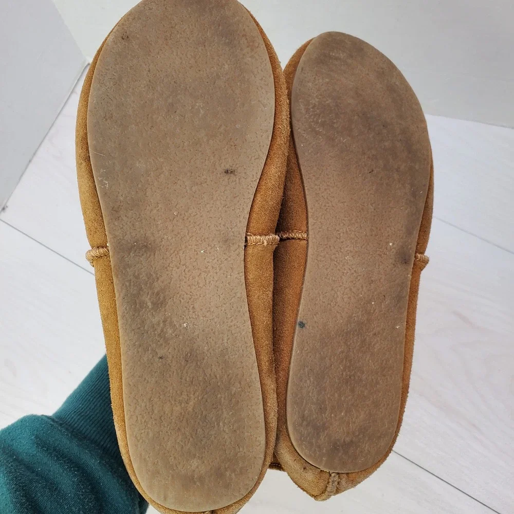 Tan Suede Moccasin Boots Faux Shearling Lined Whipstitch Ankle Wmn 8 Hippie Boho